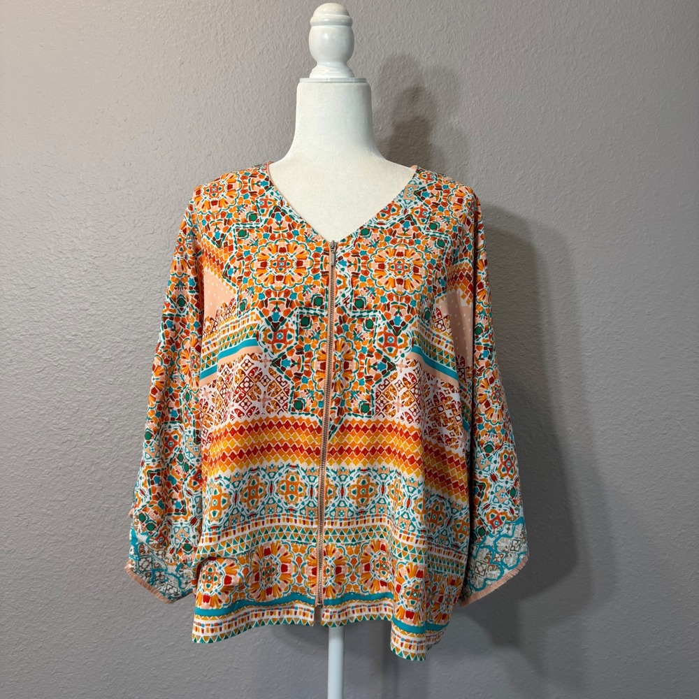 Chico's Women's Size 3 XL Multicolor Geometric Print Zip Up V-Neck Dolman Jacket
